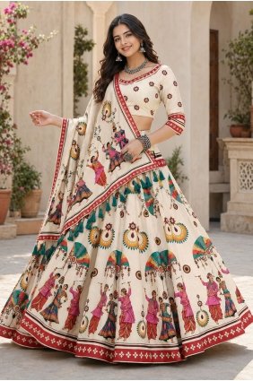 Cream Lehenga Choli in Cotton with Printed LC9268