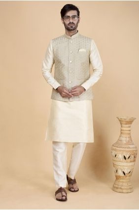 Banarasi silk Cream Men Kurta in Embroidered KURR236