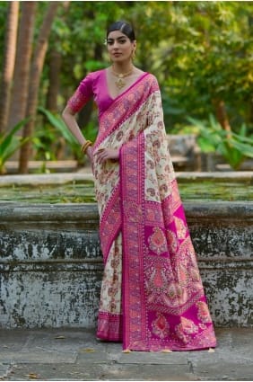 Cream Saree with Zari,weaving Pashmina SR29612