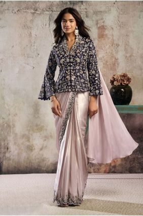 Satin Cream, purple Saree in Hand SR29792