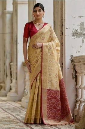 Resham and zari Raw silk Saree in Cream SR29244