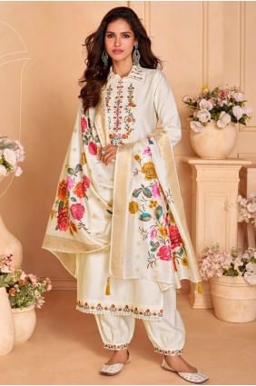 Embroidered Viscose Salwar Kameez in Cream with Dupatta SK155784