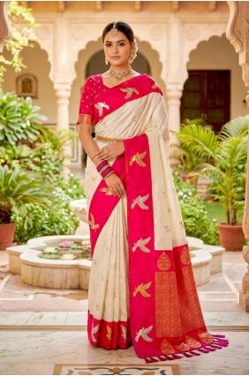 Embroidered Silk Saree in Cream with Blouse SR30202