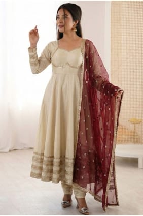 Cream Anarkali Suit in Silk with Lace AS4243
