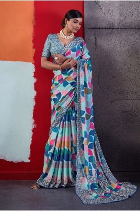 Printed Crepe Blue Saree with Blouse SR30046