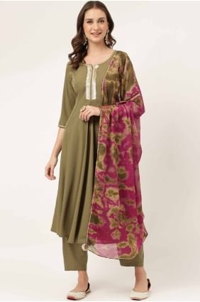 Crepe Embroidered Olive green  Kurti with Dupatta KTI2655