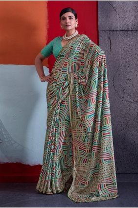 Printed Crepe Saree in Teal green SR30039