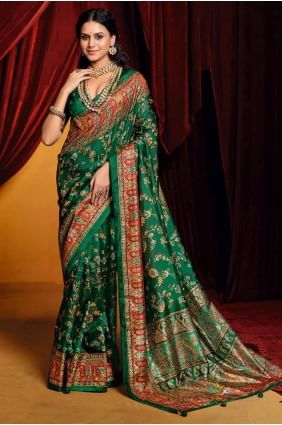 Dark green Digital print Tussar silk Saree SR28435