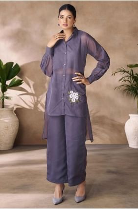 Dark grey  Digital print Straight Suit in Organza SK155288