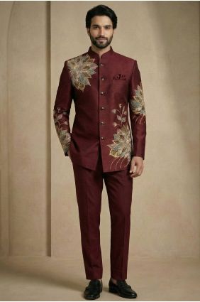 Satin Dark maroon Men Kurta Pajama With Waistcoat in Embroidered KURR240