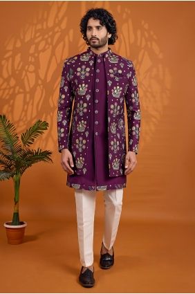 Dark purple Sherwani in Thread Art silk KURR287