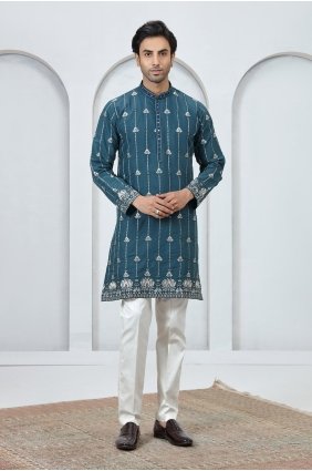 Art silk Embroidered Dark teal green Men Kurta with Dupatta KURR638