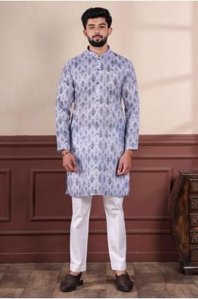 Denim blue Linen Digital print Men Kurta KURR477