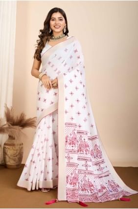 Digital print Cotton Off white  Saree with Blouse SR28139