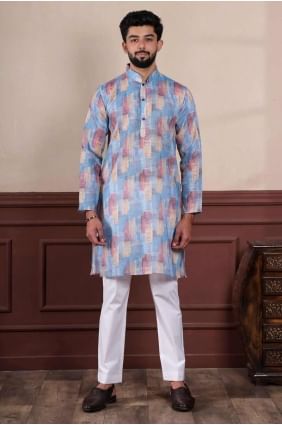 Digital print Linen Blue Men Kurta KURR473