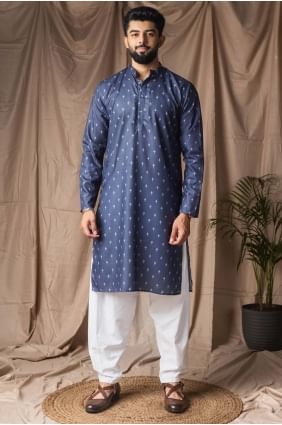 Digital print Linen Men Kurta in Blue KURR596