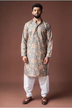 Linen Digital print Grey Men Kurta with Dupatta KURR594