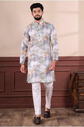 Digital print Linen Men Kurta in Off white  KURR476
