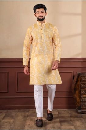 Digital print Linen Mustard  Men Kurta  KURR488