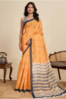 Mustard Digital print Linen Saree SR28905