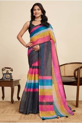 Multicolor Linen Saree with Digital print SR28914