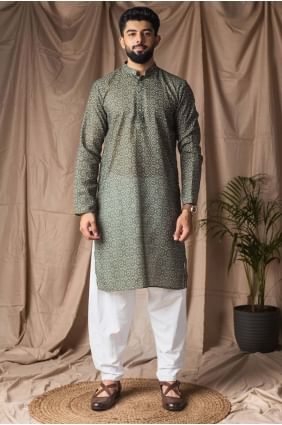Linen Men Kurta in Mehandi green with Digital print KURR597