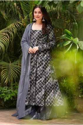 Muslin Anarkali Suit in Grey with Digital print AS4149