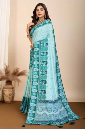 Digital print Muslin Saree in Cyan  SR28026
