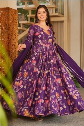Rayon Purple Gown Dress in Digital print GW1335