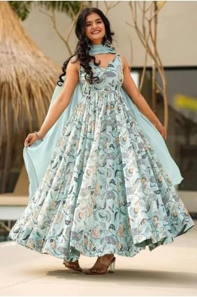 Digital print Rayon Gown Dress in Sea green  with Dupatta GW1117