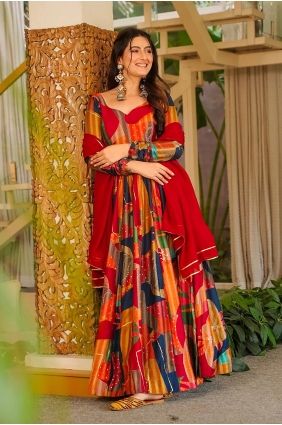 Gown Dress in Red Rayon with Digital print GW1334
