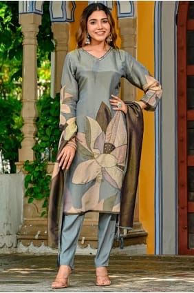 Tissue Salwar Kameez with Digital print in Grey SK155834
