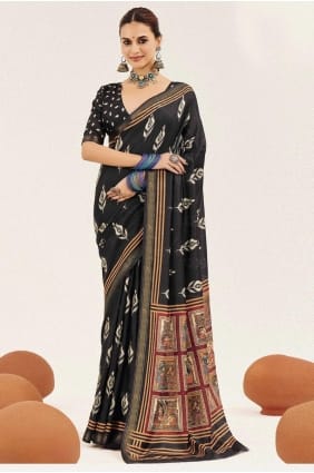 Saree in Black Silk with Digital print SR29461