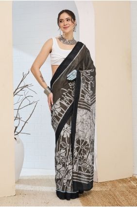 Silk Saree with Digital print in Black SR30218