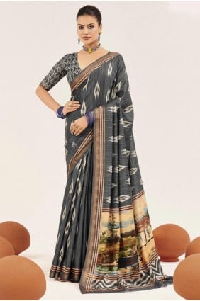 Silk Grey Saree in Digital print SR29458