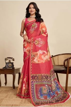 Linen Saree with Digital print in Maroon SR28911