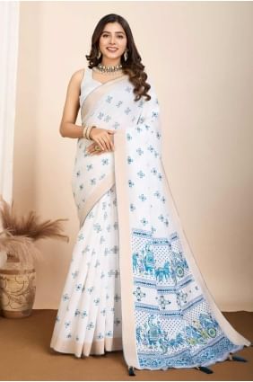 Digital print Saree in Off white  Cotton SR28138