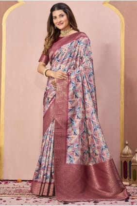 Digital print Tussar silk Saree in Pink with Blouse SR29093