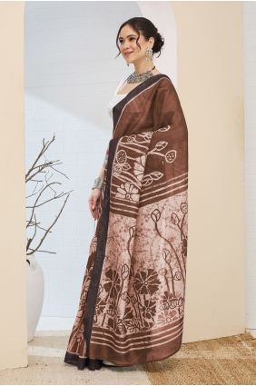 Silk Brown Saree in Digital print SR30217