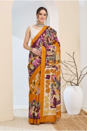 Orange Saree with Digital print Silk SR30213