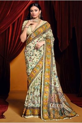 Digital print Tussar silk Off white  Saree with Blouse SR28439