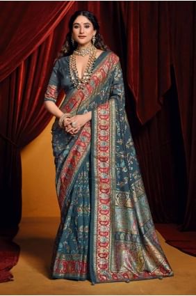 Digital print Tussar silk Saree in Charcoal grey  with Blouse SR28438