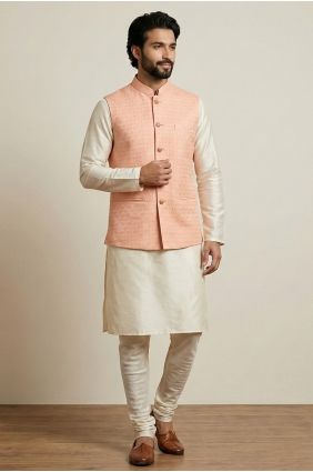 Men Kurta in Cream Dupion with Jacket KURR277