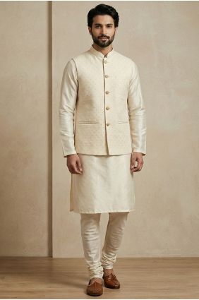 Cream Men Kurta in Dupion with Jacket KURR272