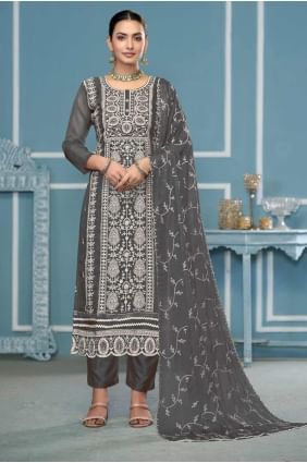 Dusty grey  Embroidered Straight Pant Suit in Organza SK155334