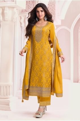 Eid Salwar Kameez in Yellow Jacquard with Embroidered SK155129