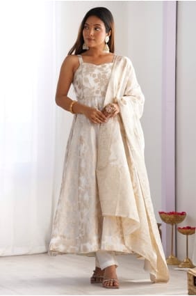 Cream Embroidered Jacquard Anarkali Suit AS4230