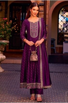 Purple Embroidered Anarkali Suit in Silk AS4133