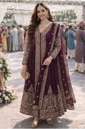 Wine Embroidered Anarkali Suit in Chinon chiffon AS4281