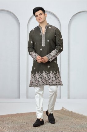 Embroidered Art silk Mehendi green Men Kurta with Dupatta KURR637